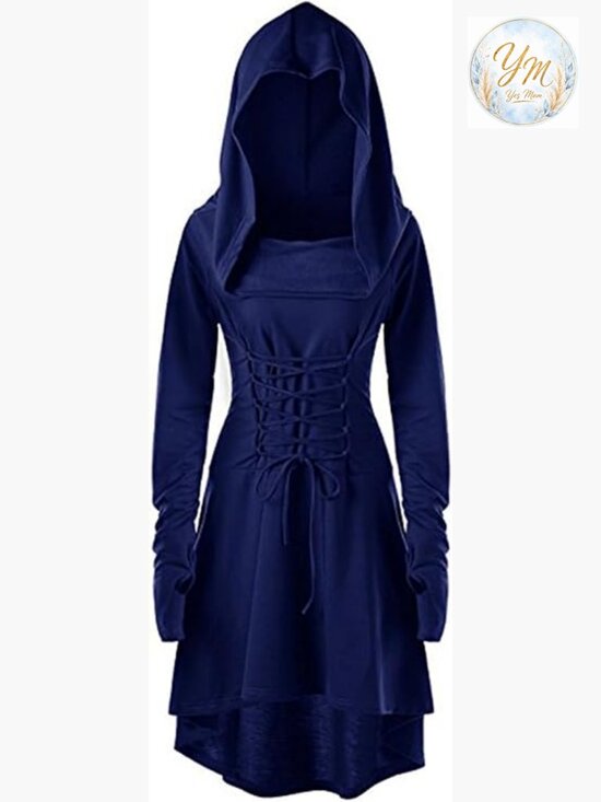 Dresses & Skirts - Women's Renaissance Hooded Lace Up High Low Midi Dress Long Sleeve
